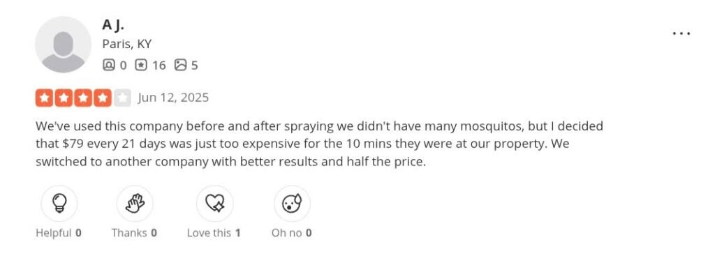 4-star Mosquito Authority Yelp customer review.