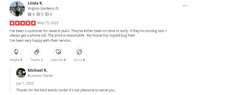 5-star Pest Brothers Yelp customer review.
