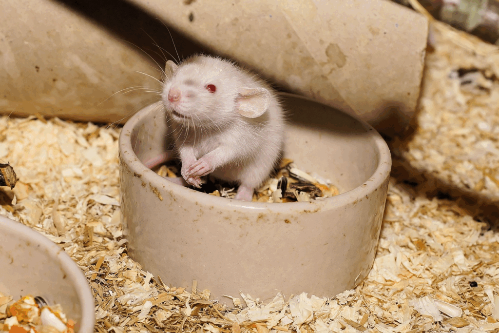 A baby rat in a dirty cup with wood pieces all over