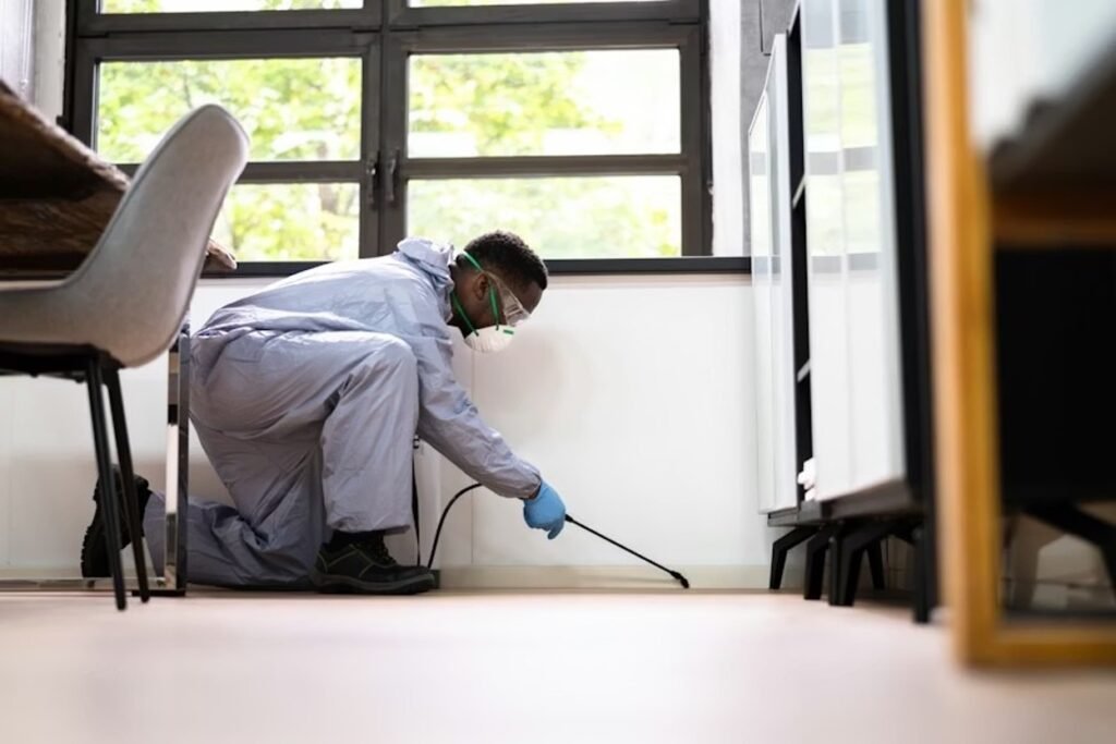 A professional exterminator spraying the edges of a house