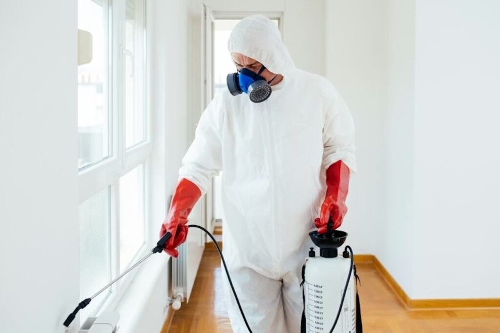 A professional pest exterminator is spraying the walls in a house