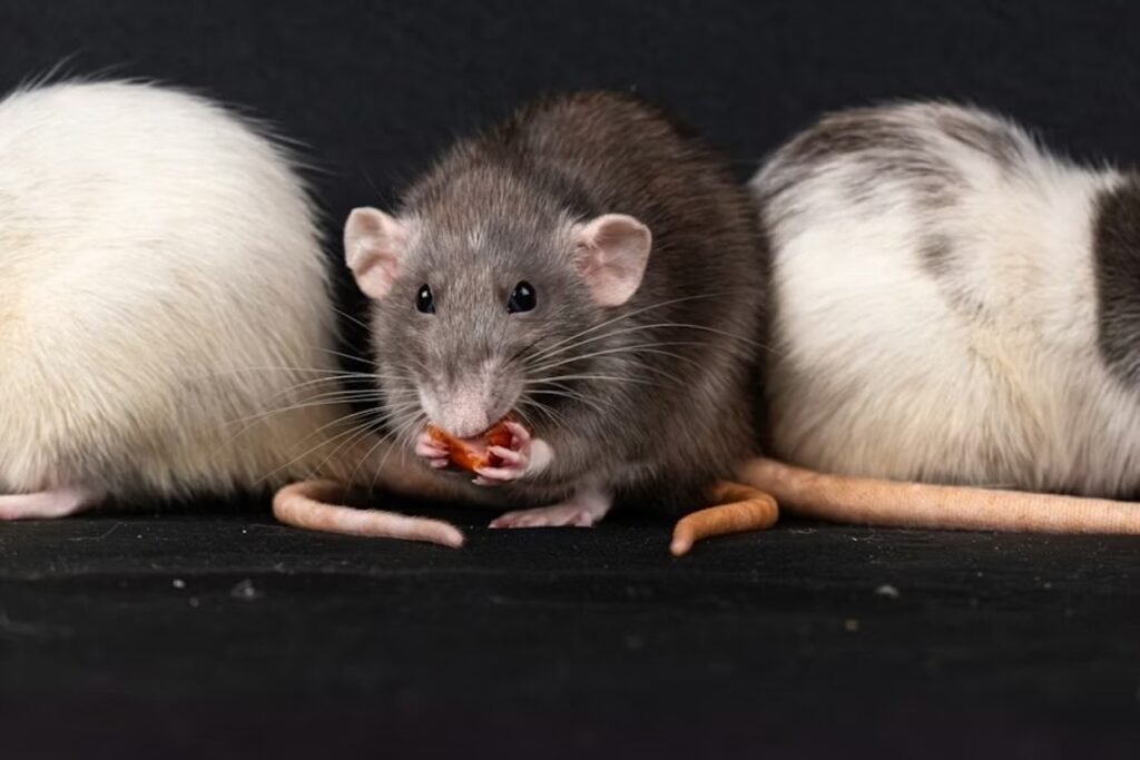 A set of rats huddled together with one eating on a dark background