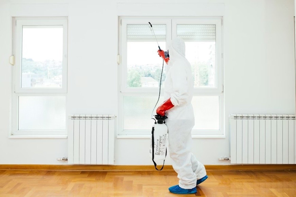 An exterminator at work sprays pesticide or insecticide with a sprayer