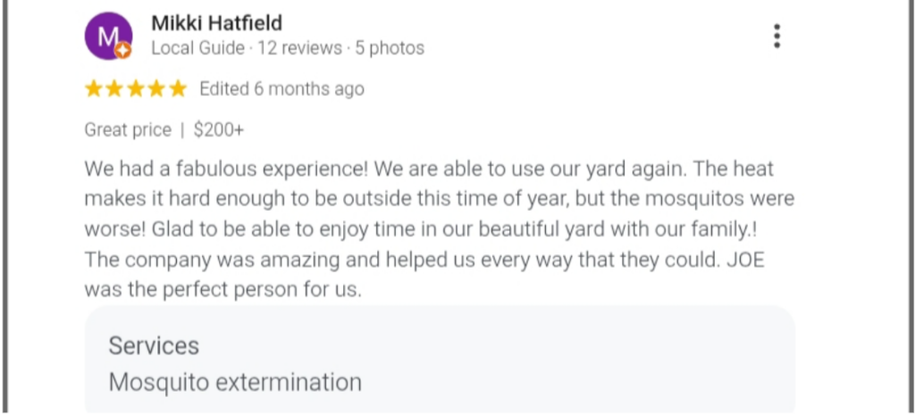 Mosquito Joe of Miami 5-star customer review.