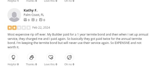 Screenshot of Turner Pest Control customer review from Yelp
