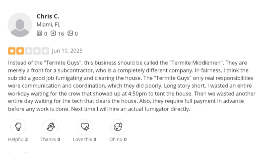 Screenshot of a 2-star review of Termite Guys on Yelp.