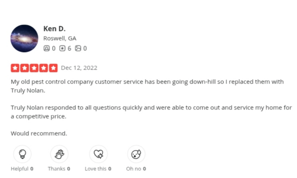 Screenshot of a 5-star Truly Nolen review.