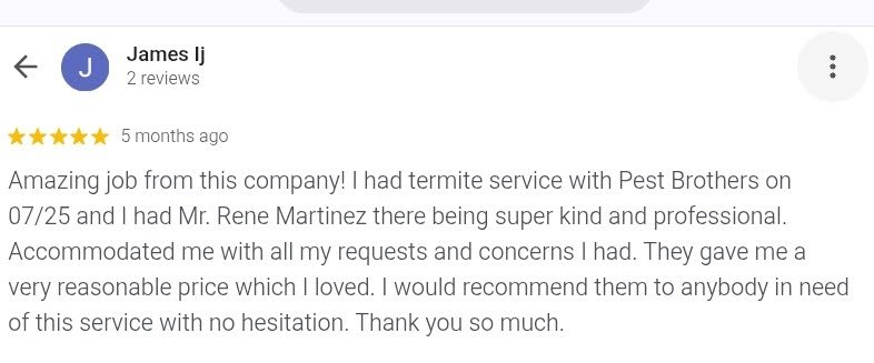 Screenshot of a Pest Brothers 5-star customer review.