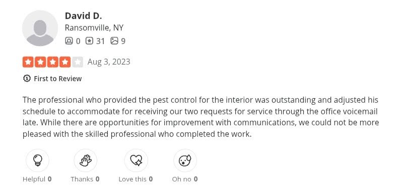 Screenshot of a Pestmaster customer review.