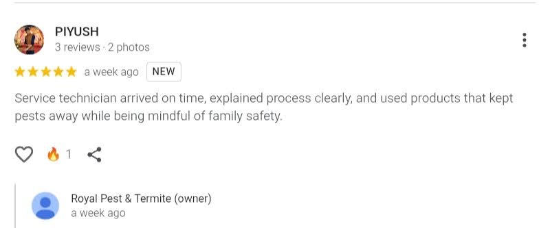 Screenshot of a Royal Pest & Termite customer review.