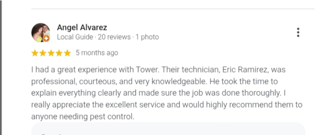 Screenshot of a Tower Pest Control Google review.